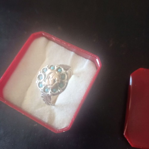 Silver ring from the 60s with 18k gold rose and turquoise, like new