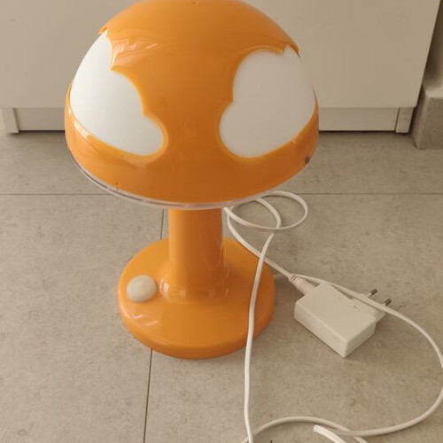 Ikea mushroom-shaped children's table lamp, orange with cloud design