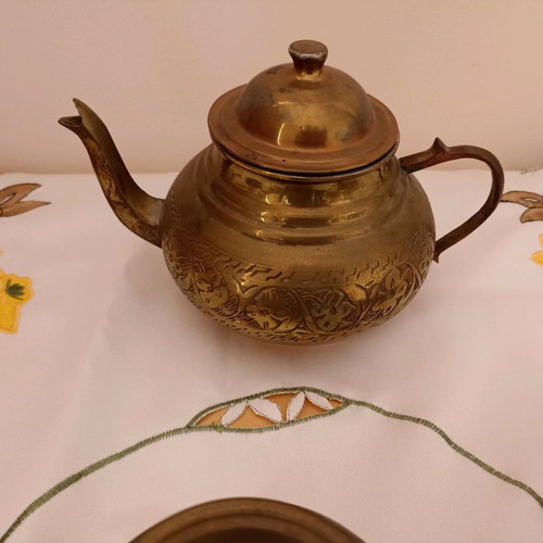 Vintage Turkish tea set with brass details and glass cups new
