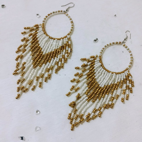 Long boho earrings new with white and gold beads