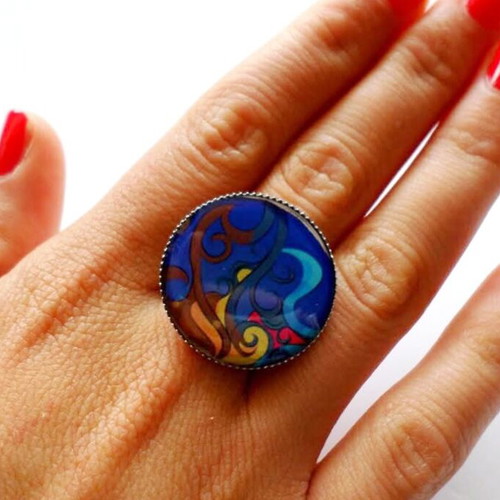 Handmade adjustable ring with liquid glass new