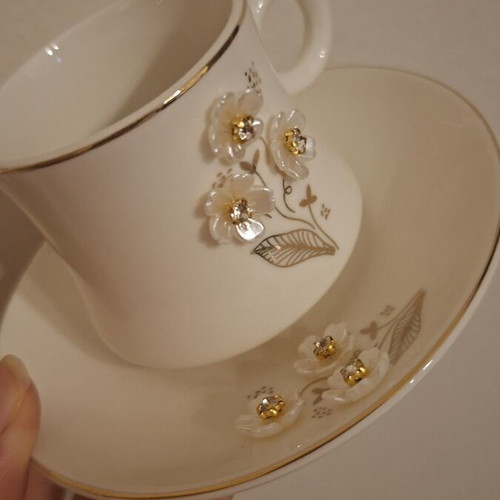White Porcelain Espresso Cup with Decorative Stones and Saucer, very good condition