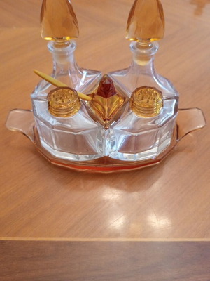 Vintage Art Deco Menage Set with Amber Glass and Glass Tray