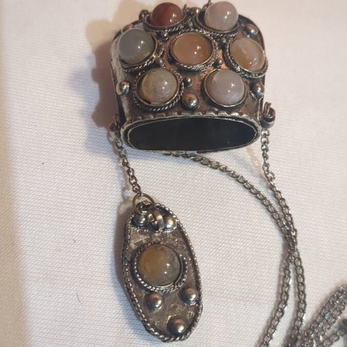 Ethnic necklace with semi-precious stones, like new vintage perfume box locket