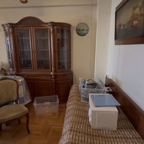 Showcase cabinet, divan chest, TV stand and round wooden dining table