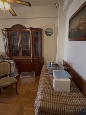 Showcase cabinet, divan chest, TV stand and round wooden dining table