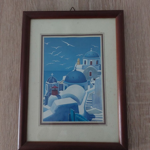 Decorative frame with glass used, Greek island depiction
