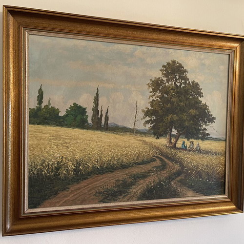 Oil painting on canvas by G. Andrikopoulos like new, traditional Greek harvest