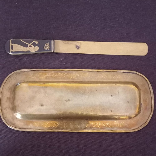Brass blotter used with ancient Egypt base and old paper cutter