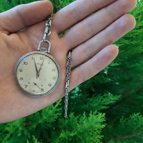 Pocket Watch Technos used, with silver chain, 1947, Swiss Made