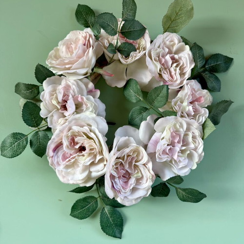 Wall wreath with light pink roses, like new, 29cm diameter