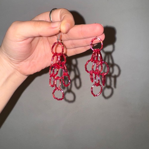 Handmade statement dangle earrings like new with red iridescent beads