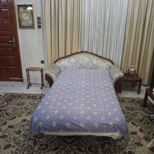 Sofa solid wood frame, two-seater with glossy fabric, converts to bed, like new
