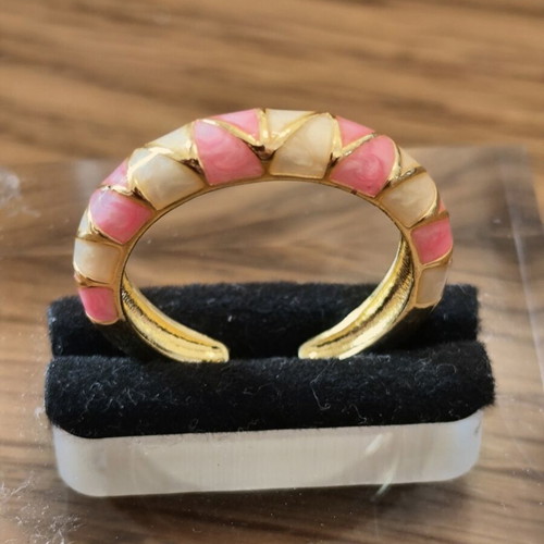 Women's adjustable gold-tone ring with pink and white enamel, new