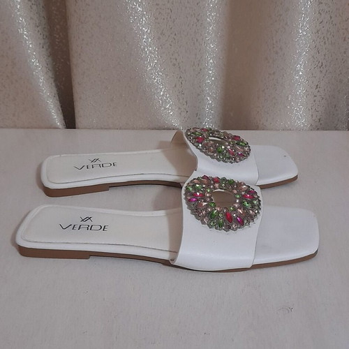 Verde leather flat slippers used, white with colorful rhinestones, size 36