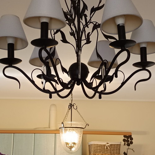 Chandelier with six ivory lampshades, rustic metal and crystal leaves, like new