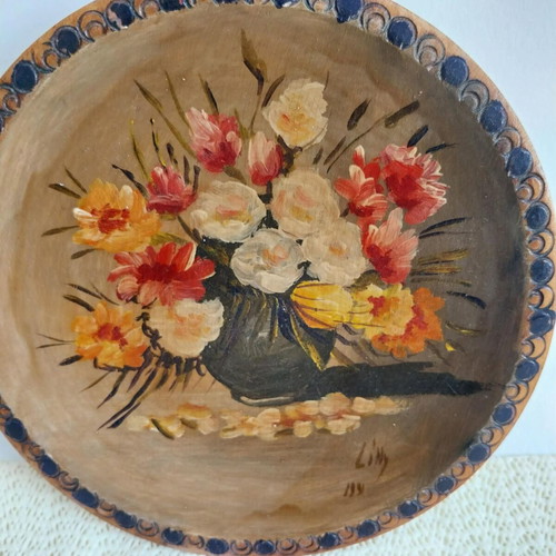 Vintage Hand-Painted Wooden Decorative Plate Floral Still Life