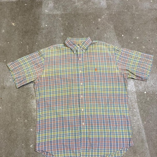 Ralph Lauren Fun Oxford Shirt L, blue yellow green plaid, orange pony