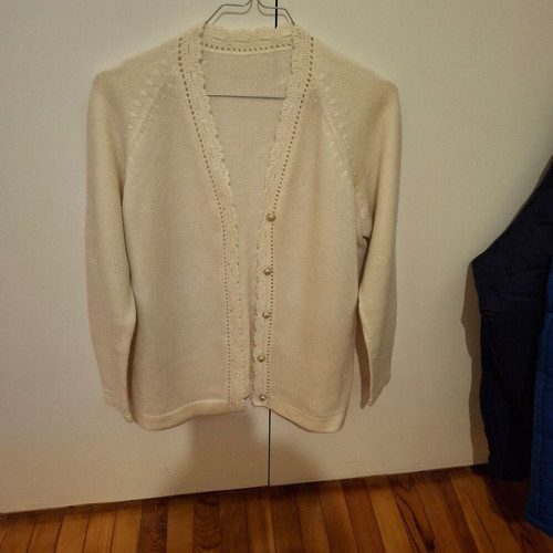 White wool cardigan with gold buttons, size M