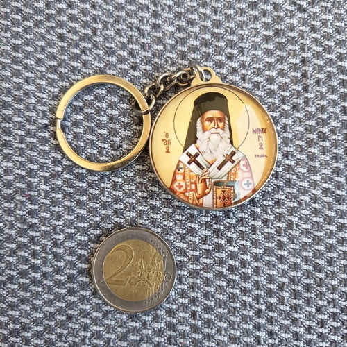 Double-sided keychain with Saint Nektarios and Panagia Silivrianis images, new
