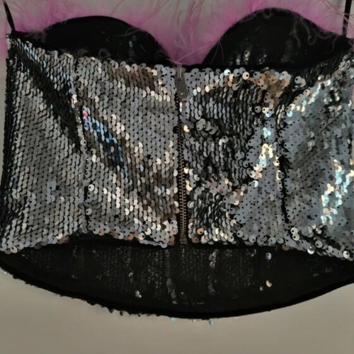 Women's bodysuit new, size S 36 8, sequin with pink feathers