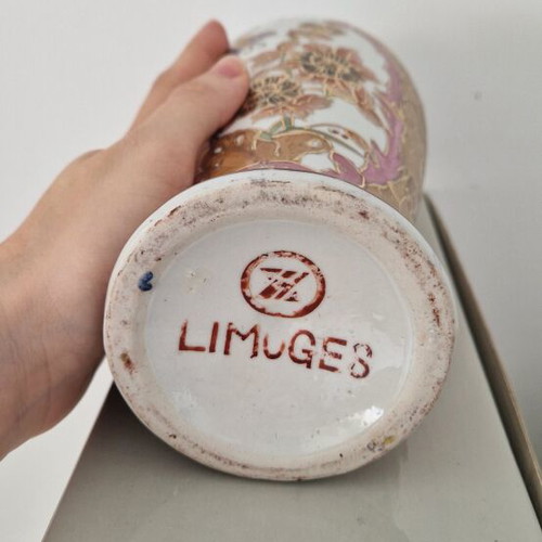 Limoges Vase new, French porcelain with pink and gold floral design
