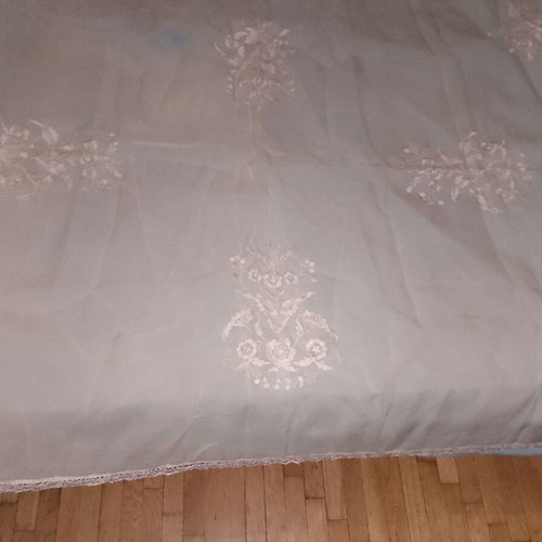 Large pink salmon silk tablecloth with embroidery and lace