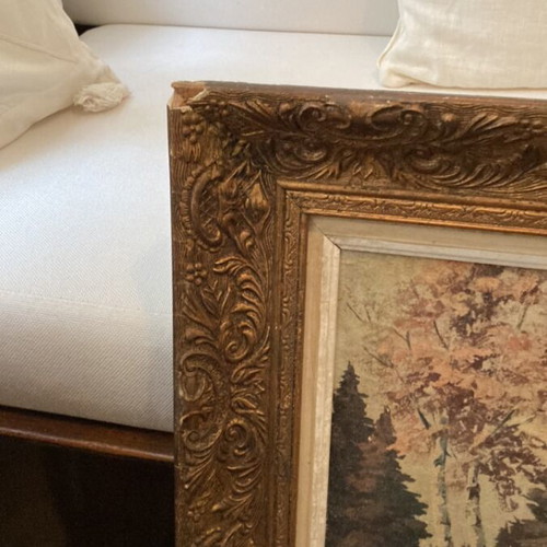 Large 1950s painting with period golden frame and mountain subject signed Heimbach used