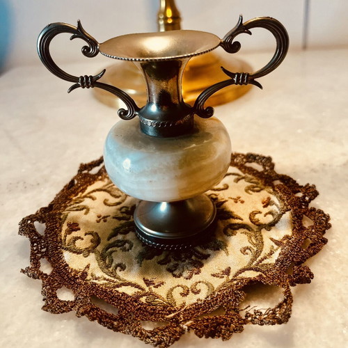 Collectible mini amphorae set of 2 used, onyx and bronze, 8cm