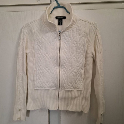Knitted jacket with zipper and pockets, like new, white