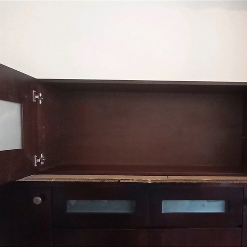 Wall cabinet used, brown color with glass and wood