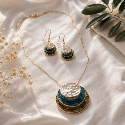 Golden Lagoon necklace and earrings set, turquoise and pearl white