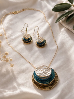 Golden Lagoon necklace and earrings set, turquoise and pearl white