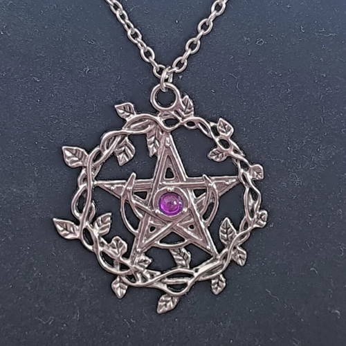 Pentagram Necklace with Purple Stone and Leaf Design new