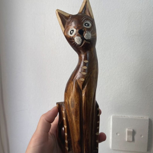 Vintage wooden cat set used, boho Balinese style decor, 3 pieces