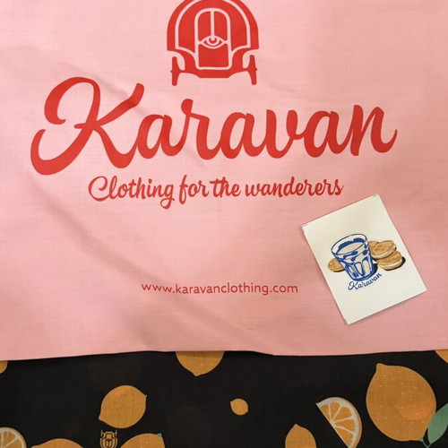 Karavan square pareo scarf new, multicolor with pouch and sticker