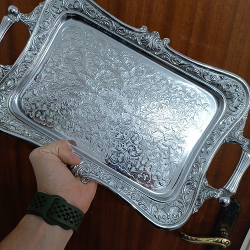 Silver Finish decorative serving tray with embossed floral design