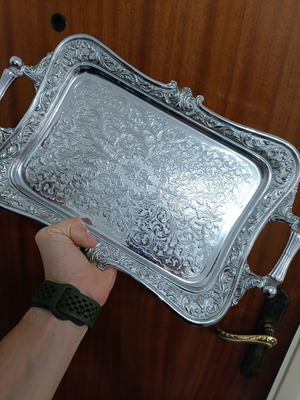 Silver Finish decorative serving tray with embossed floral design