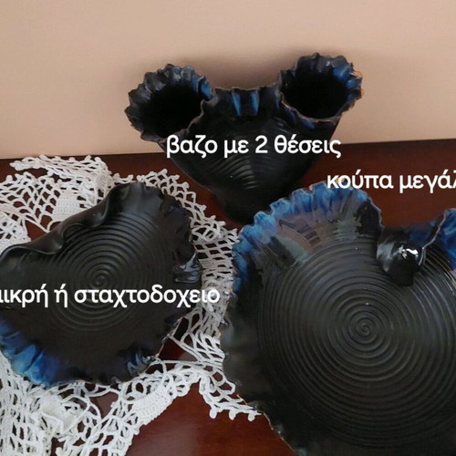 Set of 3 used clay decorative items with porcelain, blue-light blue-black