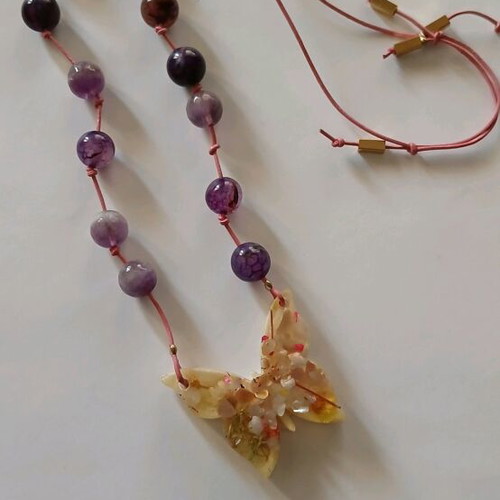 Pendant with leather and amethyst new, handmade butterfly