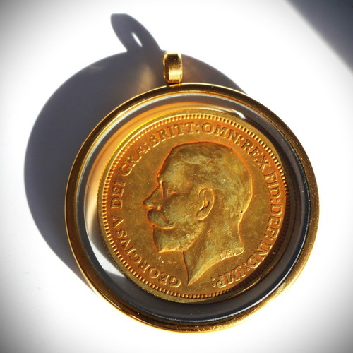 English Gold Pound Pendant 22K Gold Plated in Glass Case