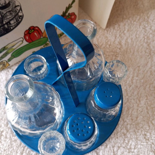 Oil and vinegar set 5 pieces, new, stainless steel, blue