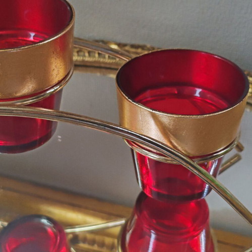 Vintage Carousel candle holder for 3 tealight candles, ruby glass and gold