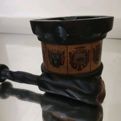 Wooden mortar used with pestle and 9 flags collectible