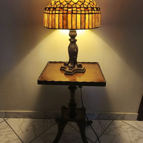 Vintage Tiffany-style table lamp with stained glass shade