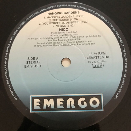 Vinyl Nico – Hanging Gardens, Art Rock, Goth Rock, Gothic LP in like new condition
