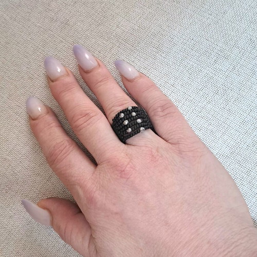 Handmade ring with black matte and silver polyhedral beads