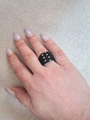 Handmade ring with black matte and silver polyhedral beads