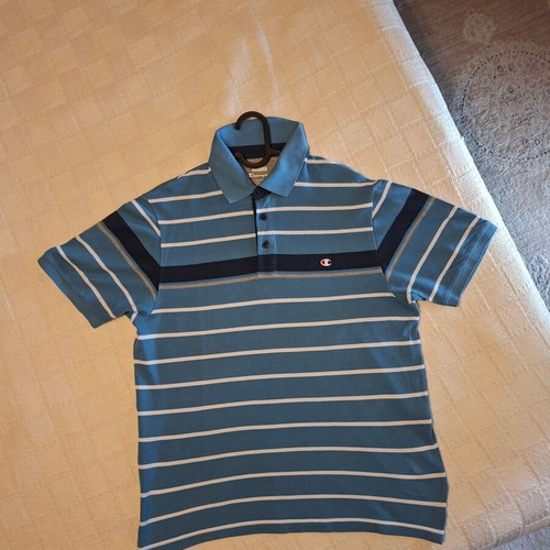 Champion Polo Shirt Easy Fit Size L Light Blue Striped Like New