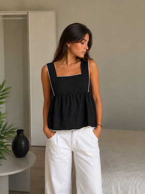 Peplum τοπ μαύρο με ρυθμιζόμενες τιράντες, καινούργιο, βισκόζη και λινό